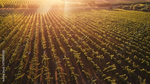 Golden Hour Over Vineyard Aerial View with Ripe Grapes