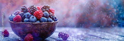 A bowl brimming with frosty berries offers a vibrant splash of color against a wintry backdrop, ideal for seasonal culinary themes