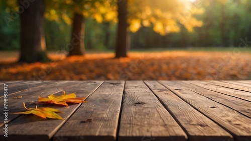 Beautiful empty wooden table with fall green leaves, glowing sun set and blurry seasonal colors