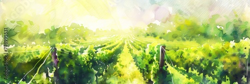 A lush vineyard landscape painted in vivid watercolors, capturing the essence of viticulture and the beauty of rural life.