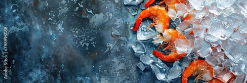 horizontal banner for fish market, fresh seafood, red shrimp lying on crushed ice, ice cubes, food preservation, gray background, copy space, free space for text
