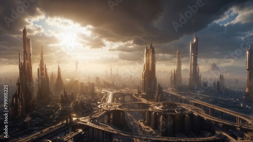 A bustling metropolis filled with towering skyscrapers and futuristic architecture