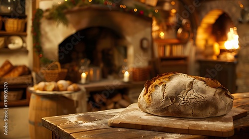 Fresh bread on a rustic kitchen table warm glow from a hearth