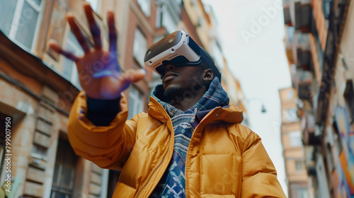 man wearing VR headset in urban setting suing hands gesture 