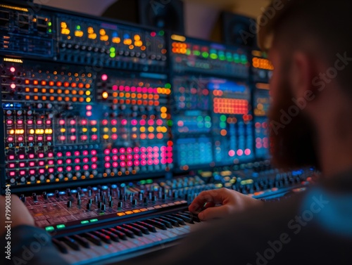 A man is playing a keyboard in front of a colorful array of buttons and knobs. Concept of creativity and passion for music, as the man is fully engaged in his work