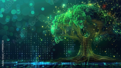 Digital tree with sprouts and binary code in glowing futuristic polygonal style. Poster for an educational program for children. Technology training for teenagers. Vector illustration AI generated
