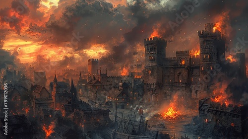 Depict a medieval town under siege, with towering walls and trebuchets, set against a stormy sky in oil paints, incorporating a surprising birds eye view that brings forth the chaos and intensity