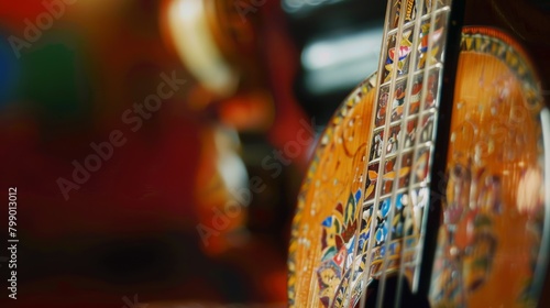 Detailed close-up of a beautifully painted sitar against a blurred background Cinco De Mayo