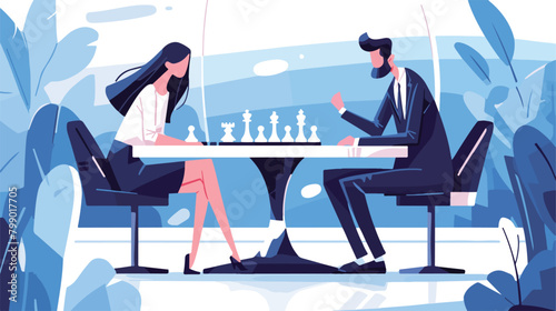 Man woman playing chess at game board at table. Che