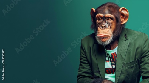 Cheeky Monkey in Blazer Pondering Over Business. A playful monkey wearing a vibrant blazer and graphic tee seems lost in thought, offering a whimsical spin on strategy and business contemplation.