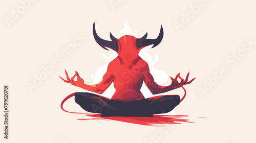 Meditating devil flat vector illustration. Peace an