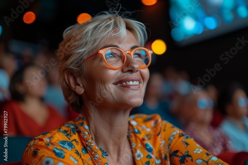 Happy mature woman with short blonde hair and glasses watching a movie at the cinema.