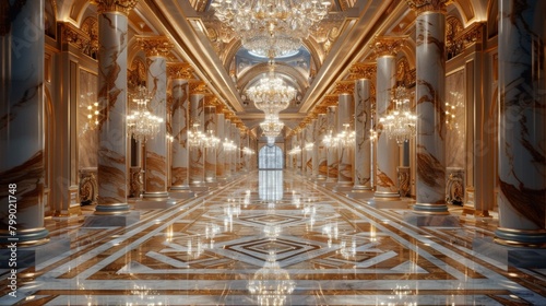 the opulence of a grand, marble hallway with golden accents and sparkling chandeliers