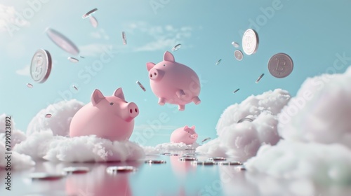 In a surreal sky setting, piggy banks are playfully filled with coins from a digital cloud, symbolizing innovative cloud banking solutions and effortless investments in the era of digital finance.
