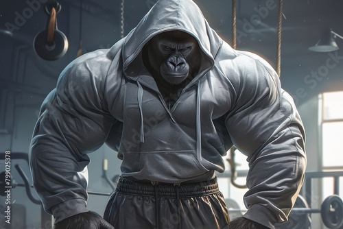 A silverback gorilla wearing a grey long sleeve hoodie, posing in a gym background with a muscular bodybuilder physique