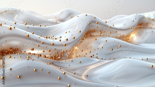  A wavy, white computer-generated image features golden flecks and contains a blue object centrally situated