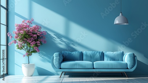  A blue couch situated in a living room, adjacent to a white vase holding purple flowers, and a light blue wall