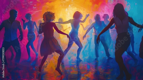 Vibrant Dance Party with Joyful Silhouettes and Colorful Lights
