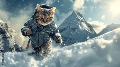 A cute cat dressed in mountaineering , running on the snowcapped mountains