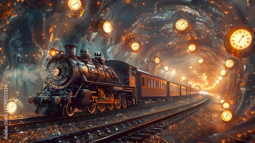 A surrealistic scene of a train traveling through a tunnel filled with clocks