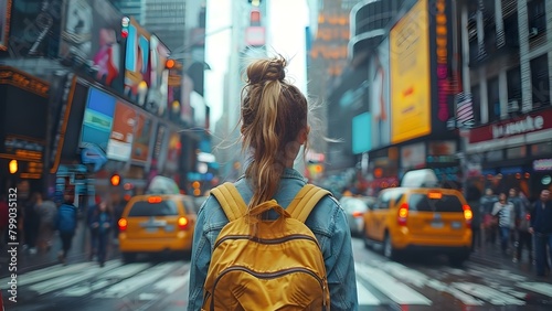 A young woman in casual attire hailing a taxi on a city street. Concept Cityscape, Transportation, Urban Lifestyle, Young Adult, Casual Fashion