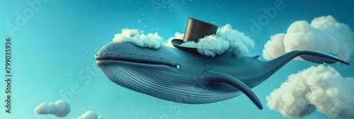 A cheerful whale wearing a bowler hat swims through the sky, with fluffy clouds as playful companions in this delightful 3D cartoon concept