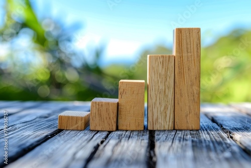 A bar graph rising from wooden blocks, each block symbolizing an increase in product quality and performance based on data insights, clear sky in the background for text
