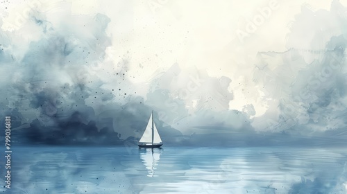 A lone sailboat drifts under a vast expanse of sky, the scene rendered in soft watercolor splashes that capture the essence of freedom
