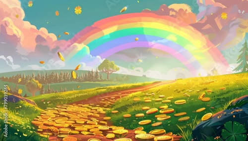 At the end of the rainbow, the leprechauns gold exchange was a fail business, with no customers willing to trade real gold for wishes Cartoon concept