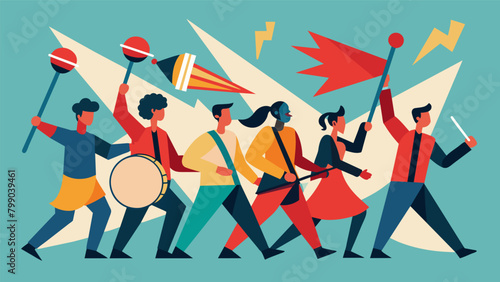 The steady beat of percussion instruments setting the pace for a powerful procession symbolizing the momentum of progress towards freedom.. Vector illustration