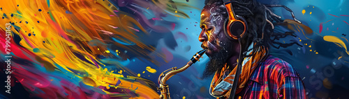 A painting of a man playing the saxophone with bright colors.
