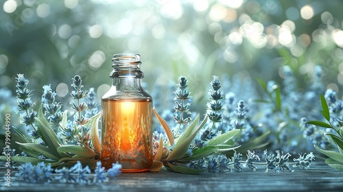 Close-up of a bottle of essential oil with lavender flowers and green leaves on a wooden table.
