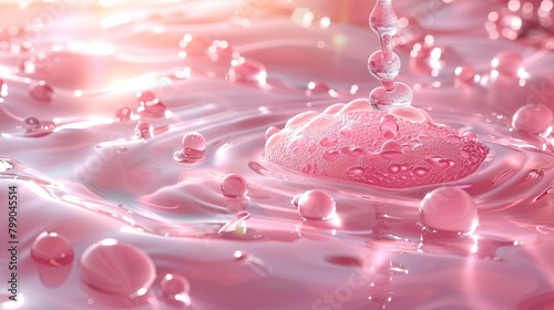 30 words or 130 characters for adobe stock title relate with image reference:..Water droplets falling into a pink liquid, creating a beautiful and delicate splash.