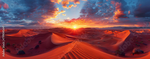 A beautiful landscape of a desert with red sand dunes and a bright setting sun.