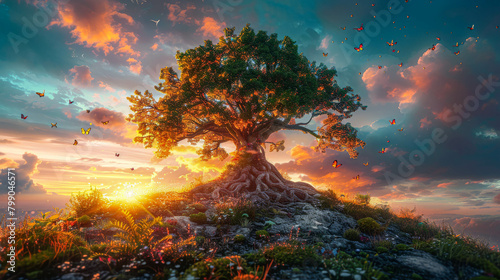 A large tree with a large root system sits on a hilltop at sunset. Butterflies and birds fly around the tree. The sky is a mix of blue, orange, pink, and purple.
