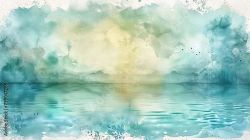 Tranquil watercolor painting of a peaceful lake at sunrise, with gentle waves lapping at the shore and a clear blue sky overhead.