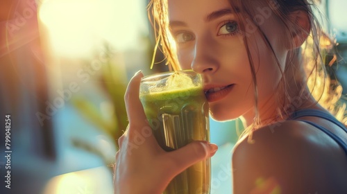 Refreshing green smoothie in hand, sunlight backdrop. Health and wellness representation
