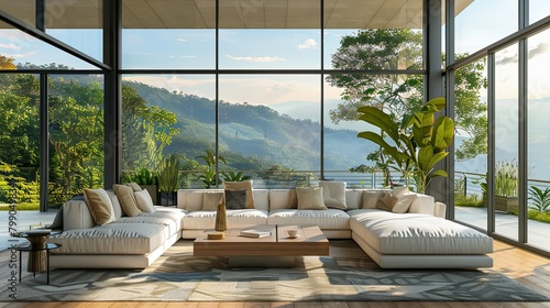 Interior design of a modern, luxury spacious living room with a comfortable white couch, a coffee table, a large glass window with an amazing nature view, and decor AI generated