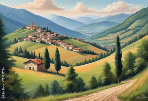 Farbige Zeichnung von einer schönen Landschaft in den Bergen von italien, malerisch gezeichnete Berglandschaft, kleines Dorf