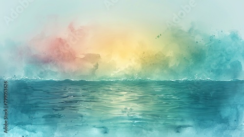 "Tranquil teal watercolor ocean waves at sunset"