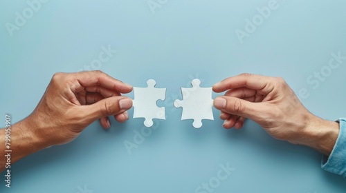 Two hands holding individual jigsaw puzzle pieces coming together on a plain blue background