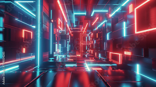 A glowing blue and red neon tunnel.
