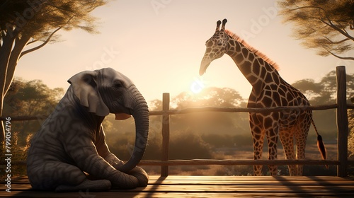 elephant and giraffe in the zoo at sunset,3d render