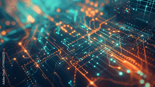 Circuit board with glowing orange and blue lines