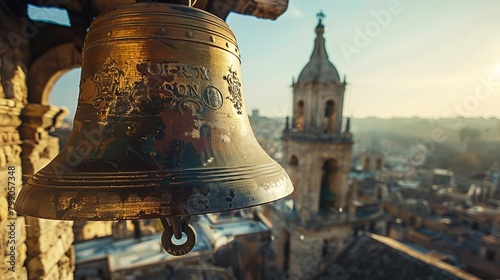 Closeup of a large bell ringing loudly in a historical tower, resonating sound waves visible against a clear sky