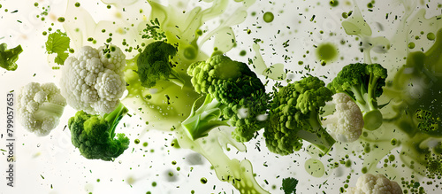  Flavor explosion of fresh broccoli and cauliflower on white surface. Dynamic composition. vegetables in motion 