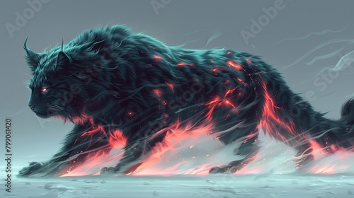 A majestic black lynx with glowing red eyes and fiery paws walks through the snow.