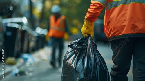 Sanitation worker in reflective vest carrying a trash bag on city street at dusk