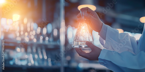 Scientist holding a conical flask with a bright light inside a laboratory. Research and scientific innovation concept.