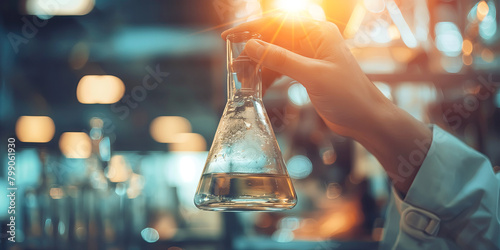 Scientist holding a conical flask with a bright light inside a laboratory. Research and scientific innovation concept.